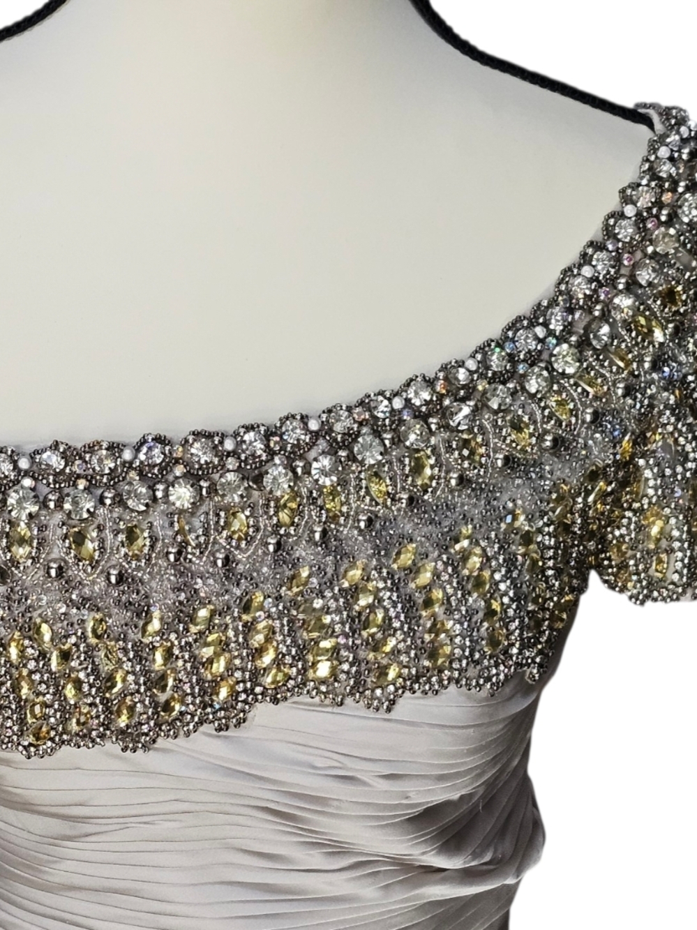 Terani Couture Champagne Midi Dress with Silver Embellished Neckline - Picture 4 of 11